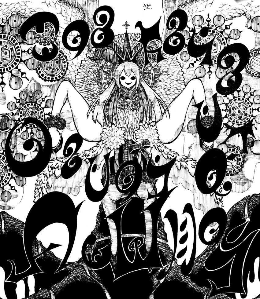 1girl alina_gray antennae crown cube empty_eyes extra_legs fur-trimmed_shorts fur_trim gem goat_legs greyscale harumayago hatching_(texture) highres long_hair madoka_runes magia_record:_mahou_shoujo_madoka_magica_gaiden mahou_shoujo_madoka_magica monochrome neo_dorothy_motherfucker no_nose old_dorothy shitori_egumo_(madoka_magica) shorts smile solo striped striped_shorts vertical-striped_shorts vertical_stripes virus witch_(madoka_magica)