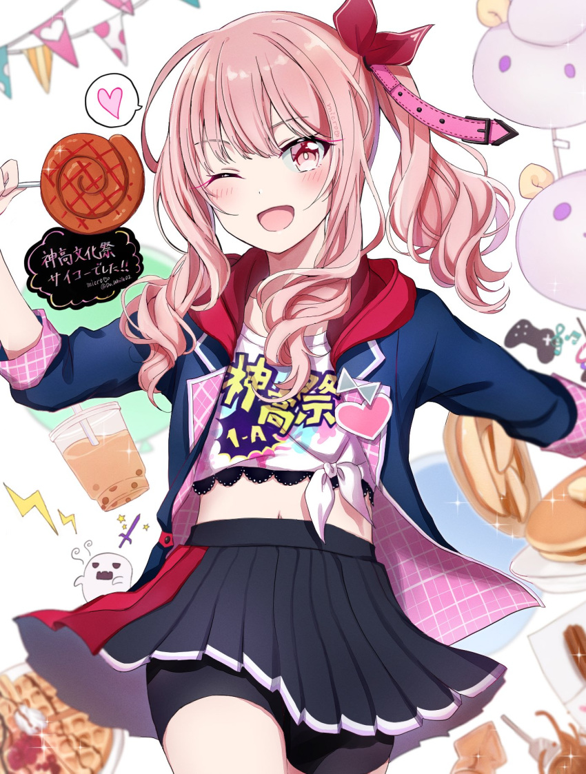 1other akiyama_mizuki androgynous bike_shorts_under_skirt black_skirt bow bubble_tea butter do_while02 drill_hair eating food ghost hair_bow highres holding long_hair long_sleeves looking_at_viewer one_eye_closed open_mouth other_focus pancake pancake_stack pink_eyes pink_hair pleated_skirt project_sekai red_bow sausage side_drill skirt syrup