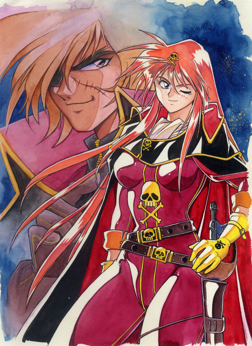 1990s_(style) 1boy 1girl absurdres belt black_cape black_jacket blue_eyes bodysuit breasts brown_belt brown_eyes brown_hair cape emeraldas hair_ornament harlock harlock_saga highres holstered_weapon jacket long_hair manabe_jouji medium_breasts one_eye_closed orange_hair red_bodysuit retro_artstyle scar scar_on_face skull_and_crossbones skull_hair_ornament smile space very_long_hair