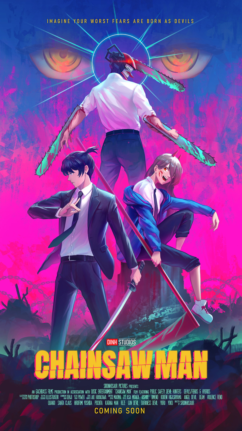 2boys 2girls black_hair black_jacket black_necktie black_pants blood blood_on_clothes blood_on_face blue_blood blue_hoodie brown_hair chainsaw_man collared_shirt copyright_name cross-shaped_pupils denji_(chainsaw_man) detached_eyes dinhosaur facing_to_the_side formal fox_shadow_puppet hair_over_one_eye hayakawa_aki highres holding holding_scythe holding_sword holding_weapon hood hoodie jacket katana long_hair looking_at_viewer looking_to_the_side makima_(chainsaw_man) movie_poster multiple_boys multiple_girls necktie open_mouth pants pants_rolled_up power_(chainsaw_man) red_eyes ringed_eyes scythe sharp_teeth shirt shirt_tucked_in short_hair suit suit_jacket sunburst sword symbol-shaped_pupils teeth tongue tongue_out weapon white_shirt yellow_eyes