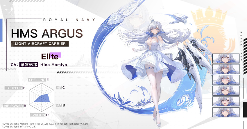 1girl aircraft anklet argus_(azur_lane) azur_lane bracelet braid breasts bridal_gauntlets character_name cleavage copyright_name crown crown_braid dress elbow_gloves expressions fingerless_gloves flight_deck floating_hair full_body gloves high_heels highres jewelry large_breasts long_hair looking_at_viewer mini_crown official_art pantyhose pendant purple_eyes rigging royal_navy_emblem_(azur_lane) solo thigh_strap white_dress white_footwear white_gloves white_hair white_pantyhose zoom_layer