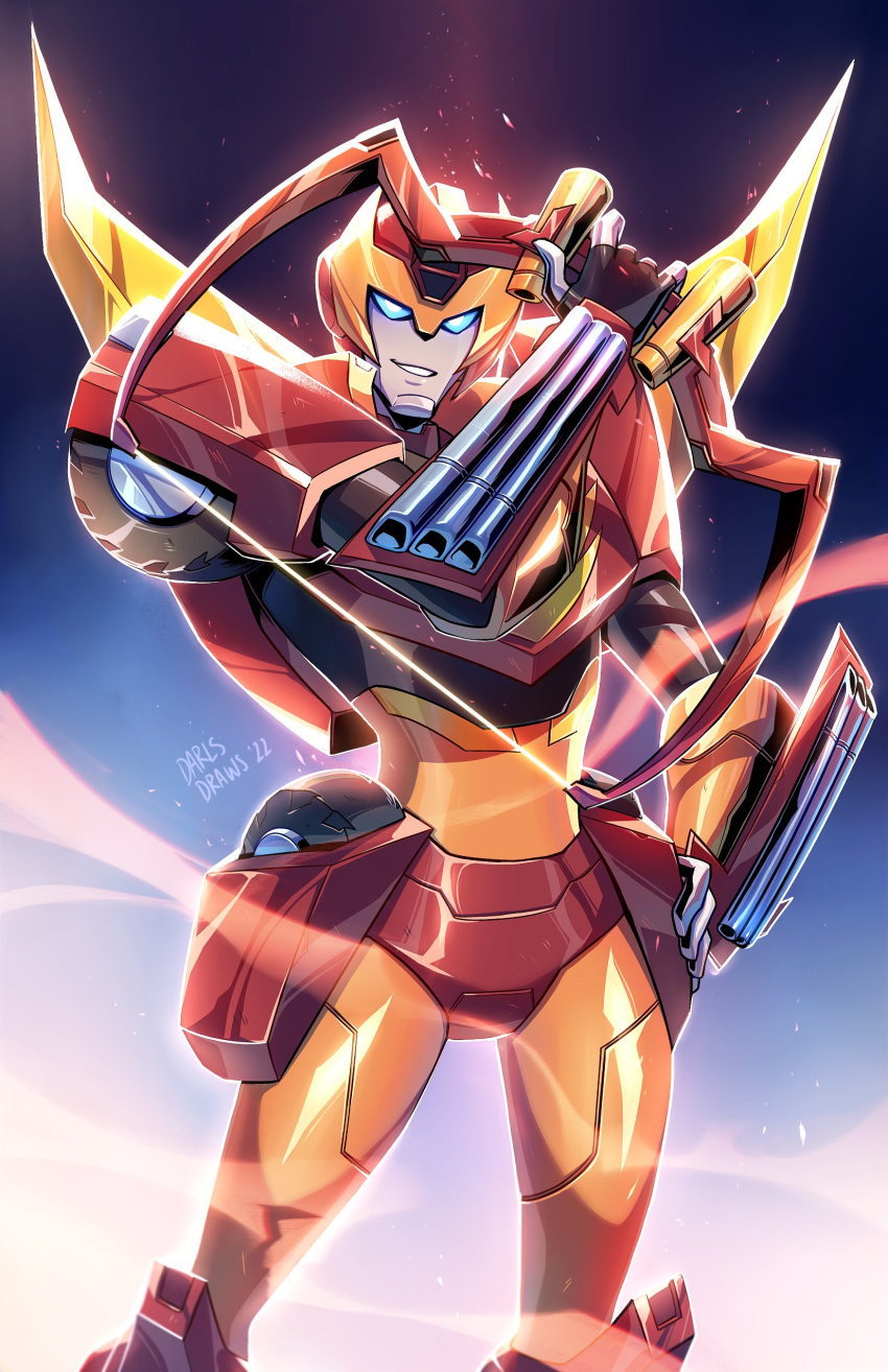 2022 absurdres artist_name autobot bow_(weapon) english_commentary hand_on_hip highres holding holding_bow_(weapon) holding_weapon lina_rojas looking_at_viewer mecha no_humans parted_lips robot rodimus_prime smile solo transformers transformers_animated weapon