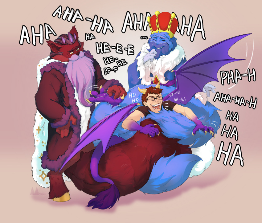 absurd_res anthro claws demon dragon_wings fluffy fluffy_tail group hi_res humanoid king_douxthos king_fethrik laugh male male/male molnyshko monster overstimulation tail tech_dragon tickling trio wings