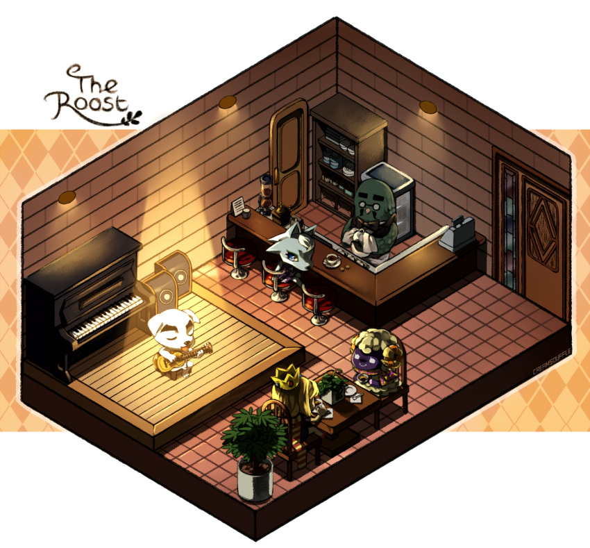 2boys 3girls acoustic_guitar animal_crossing argyle argyle_background artist_name bag bar_stool bird black_bow black_bowtie blonde_hair bow bowtie box brewster_(animal_crossing) brown_background cash_register chair character_request cleaning closed_eyes closed_mouth coffee coffee_maker_(object) commentary counter crown cup curled_horns diorama dog door english_commentary facial_hair furry furry_female furry_male glasses guitar haren highres holding holding_cup holding_instrument holding_towel horns in-universe_location instrument isometric jar k.k._slider_(animal_crossing) medium_hair menu mug multiple_boys multiple_girls music mustache napkin open_mouth piano pigeon plant plate playing_instrument potted_plant round_eyewear scarf scenery sheep sheep_horns shelf simple_background sitting smile speaker spoon spotlight stage standing stool swivel_chair table tile_floor tiles towel vesta_(animal_crossing) white_background whitney_(animal_crossing) wolf
