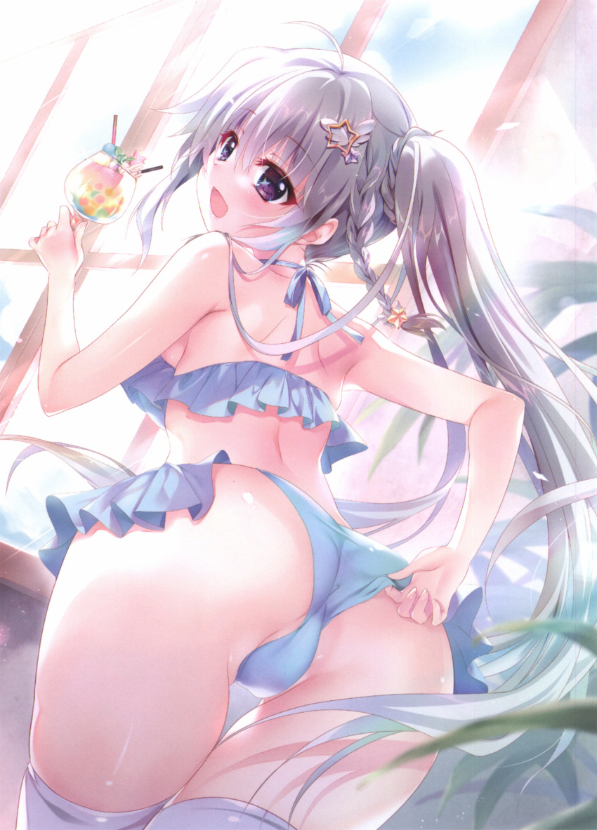 1girl 9-nine- :d absurdres adjusting_clothes adjusting_swimsuit ahoge arm_behind_back ass back bangs bare_arms bikini bloom blue_bikini blush braid breasts cocktail cocktail_glass cup drinking_glass eyelashes fingernails frilled_bikini frills from_behind grey_hair hair_between_eyes hair_ornament halterneck hand_up happy head_tilt highres holding holding_cup indoors izumi_tsubasu large_breasts leaning_forward light_rays long_hair looking_at_viewer looking_back niimi_sora official_art open_mouth partially_visible_vulva purple_eyes scan shiny_skin side_ponytail sideboob sidelocks single_braid skindentation smile solo star-shaped_pupils star_(symbol) star_hair_ornament swimsuit symbol-shaped_pupils thigh_gap thighhighs thighs third-party_edit very_long_hair white_thighhighs window wing_hair_ornament