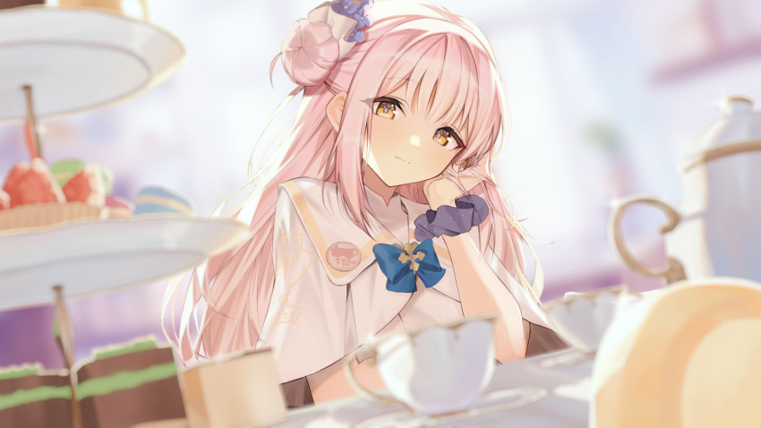 1girl blue_archive blurry cake cake_slice capelet cup depth_of_field dress flower food fruit hair_bun hair_flower hair_ornament halo hand_on_own_cheek hand_on_own_face head_rest highres light_smile long_hair macaron mika_(blue_archive) misononasubi pink_hair saucer scrunchie single_side_bun solo strawberry teacup teapot tiered_tray very_long_hair white_capelet white_dress wrist_scrunchie yellow_eyes