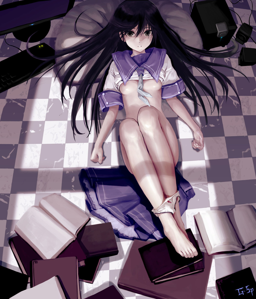 areolae as109 bad_id bad_pixiv_id barefoot black_hair blue_sailor_collar book bottomless breasts checkered checkered_floor computer convenient_leg denpa_teki_na_kanojo feet from_above hair_spread_out highres keyboard_(computer) legs legs_together long_hair long_legs looking_at_viewer lying medium_breasts monitor neckerchief no_bra ochibana_ame on_back panties panties_around_ankles panty_pull perspective pillow sailor_collar school_uniform shirt_lift skirt skirt_removed solo underboob underwear white_panties