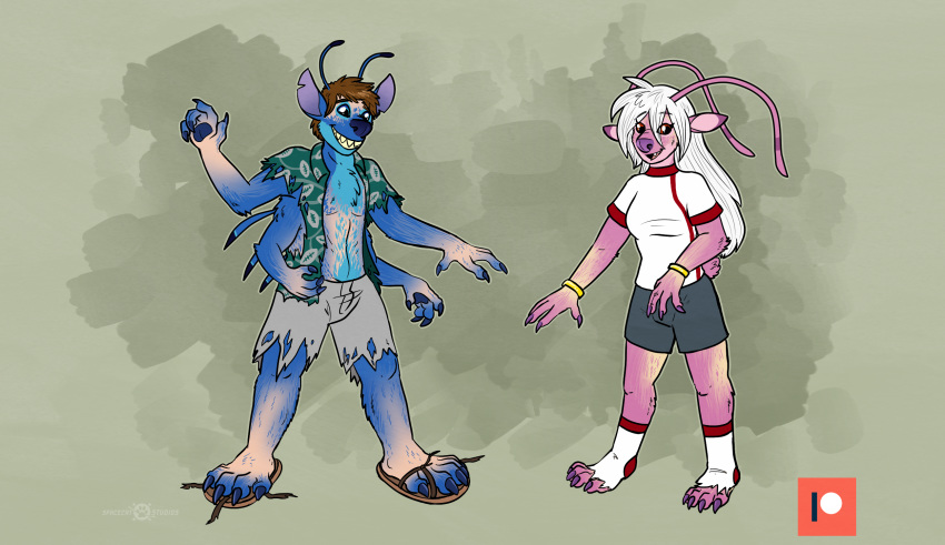 2019 4_arms 4_fingers 4_toes 5_toes alien angel_(lilo_&amp;_stitch) antennae anthro back_spines blue_claws blue_eyes blue_fur blue_nose blue_pawpads bracelet brown_eyes brown_hair chest_tuft claws clothed clothing digital_drawing_(artwork) digital_media_(artwork) dipstick_antennae disney duo experiment_(species) eye_through_hair eyebrows_visible_through_hair eyelashes female footwear fur grin hair hawaiian_shirt hi_res human_to_anthro jewelry keetahspacecat legwear lilo_and_stitch long_hair male multi_arm multi_limb notched_ear open_mouth open_smile patreon pawpads petra_(wyraachur) pheagle pink_fur purple_claws purple_nose sandals shirt short_hair shorts simple_background small_tail smile socks standing stitch t-shirt toe_claws toes torn_clothing transformation translucent_hair tuft watermark white_hair