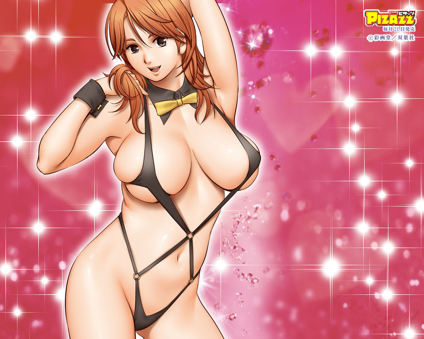 action_pizazz armpits bow bowtie breasts brown_hair cleavage deep_skin large_breasts saigadou slingshot_swimsuit solo swimsuit wallpaper wrist_cuffs