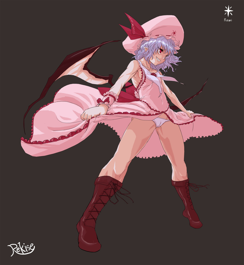 armpits bat_wings boots cameltoe cross-laced_footwear grin hat highres hokuto_no_ken lace-up_boots m.u.g.e.n muscle panties pointy_ears purple_hair red_eyes rekise remilia_scarlet short_hair signature smile solo souther touhou underwear wings