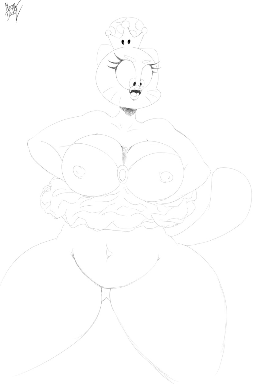 anthro big_breasts bottomless breasts cartoon_network clothed clothing clothing_lift domestic_cat dress dress_lift felid feline felis female front_view fur hi_res looking_down mammal mature_female navel neom-daddy nicole_watterson panties partially_clothed solo super_crown the_amazing_world_of_gumball tight_clothing underwear voluptuous wide_hips