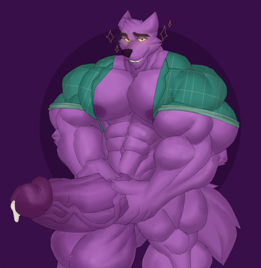 2021 abs anthro areola balls bernard_(ok_k.o.!_lbh) biceps big_balls big_muscles big_penis biped bodily_fluids canid canine canis cartoon_network clothed clothing digital_media_(artwork) erection fur gabgbb genital_fluids genitals hi_res huge_balls huge_muscles huge_penis hyper hyper_balls hyper_genitalia hyper_muscles hyper_penis looking_at_viewer male mammal mostly_nude muscular muscular_anthro muscular_male navel nipples ok_k.o.!_let's_be_heroes pecs penis precum purple_body purple_fur quads simple_background smile solo thick_thighs triceps vein veiny_penis were werecanid werecanine werewolf wide_hips wolf