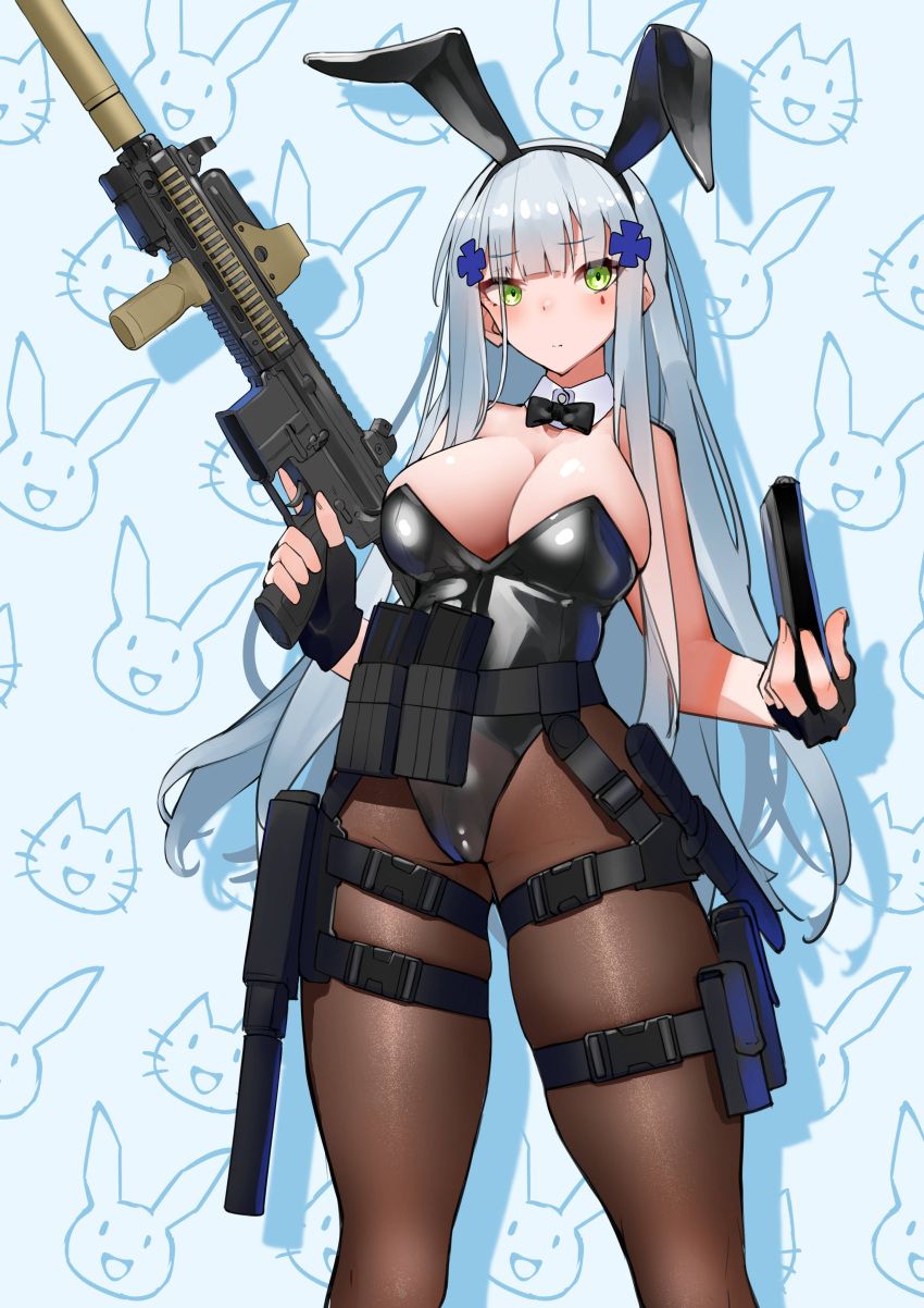 1girl absurdres animal_ears assault_rifle black_leotard bow bowtie breasts cleavage cowboy_shot detached_collar facial_mark fake_animal_ears fingerless_gloves girls'_frontline gloves green_eyes gun h&amp;k_hk416 handgun highres hk416_(girls'_frontline) holding holding_gun holding_magazine_(weapon) holding_weapon holster holstered_weapon large_breasts leotard long_hair magazine_(weapon) pantyhose playboy_bunny rabbit rabbit_ears rifle ringobatake solo standing strapless strapless_leotard suppressor tactical_playboy_bunny teardrop_facial_mark teardrop_tattoo thigh_holster traditional_bowtie trigger_discipline weapon white_hair wrist_cuffs