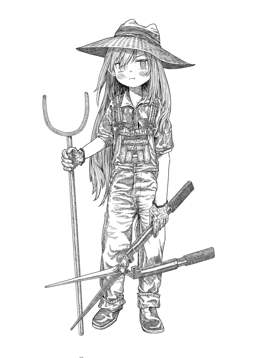 1girl :t blush boots farmer full_body gloves greyscale hat highres holding holding_stick kilsturgeon long_hair monochrome overalls pole shears shimeji_simulation simple_background solo stick the_gardener_(shimeji_simulation) very_long_hair white_background