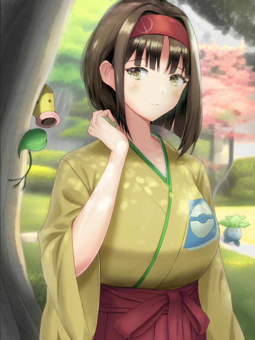 1girl absurdres bangs bellsprout blush brown_hair closed_mouth commentary_request day erika_(pokemon) eyelashes grass hairband hand_up highres japanese_clothes kimono looking_down medium_hair oddish outdoors pleated_skirt pokemon pokemon_(creature) pokemon_(game) pokemon_frlg red_hairband red_skirt redesim skirt smile tree yellow_eyes yellow_kimono