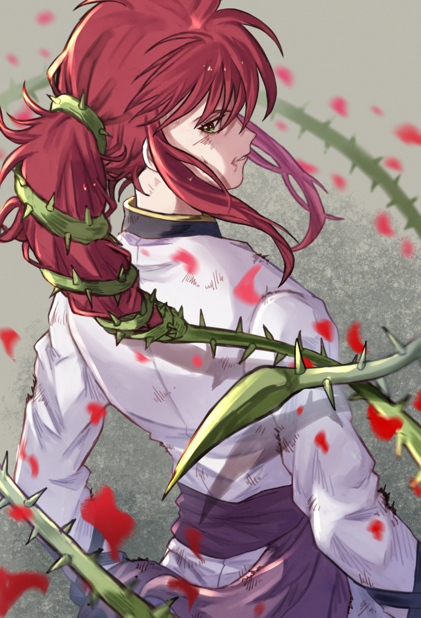 1boy battle_damage damaged falling_petals from_behind green_eyes highres kurama_(yu_yu_hakusho) long_hair long_sleeves looking_at_viewer looking_back male_focus petals plant ponytail red_hair shirt sidelocks solo thorns tomaton_(t_0) upper_body vines white_shirt yu_yu_hakusho