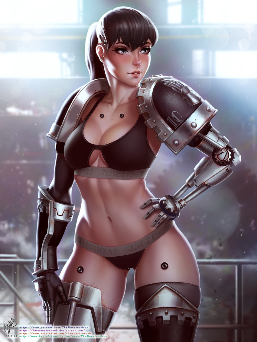 1girl adeptus_astartes armor armored_boots artist_name bangs black_bra black_panties boots bra breasts brown_hair cleavage collarbone gauntlets grey_eyes hand_on_hip highres iron_hands_(warhammer) lips long_hair mechanical_arms mole mole_under_eye navel panties parted_lips pauldrons ponytail power_armor shoulder_armor single_mechanical_arm smile solo space_marine stomach themaestronoob underwear warhammer_40k web_address