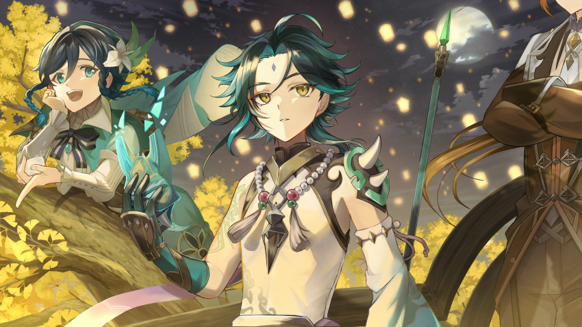 3boys absurdres androgynous aqua_eyes aqua_hair arm_tattoo asymmetrical_clothes bard bead_necklace beads black_hair braid brown_hair cape collared_cape detached_sleeves diamond-shaped_pupils diamond_(shape) elbow_gloves eyeshadow facial_mark flower forehead_mark frilled_sleeves frills gem genshin_impact gloves gradient_hair green_cape green_gloves green_hair green_headwear hair_flower hair_ornament hat hat_flower highres jewelry long_hair long_sleeves looking_at_viewer makeup male_focus medium_hair mikamimichael multicolored_hair multiple_boys necklace necktie primordial_jade_winged-spear_(genshin_impact) red_eyeshadow shirt short_hair short_hair_with_long_locks shoulder_spikes single_detached_sleeve spikes symbol-shaped_pupils tassel tattoo twin_braids venti_(genshin_impact) white_flower white_necktie white_shirt xiao_(genshin_impact) yellow_eyes zhongli_(genshin_impact)