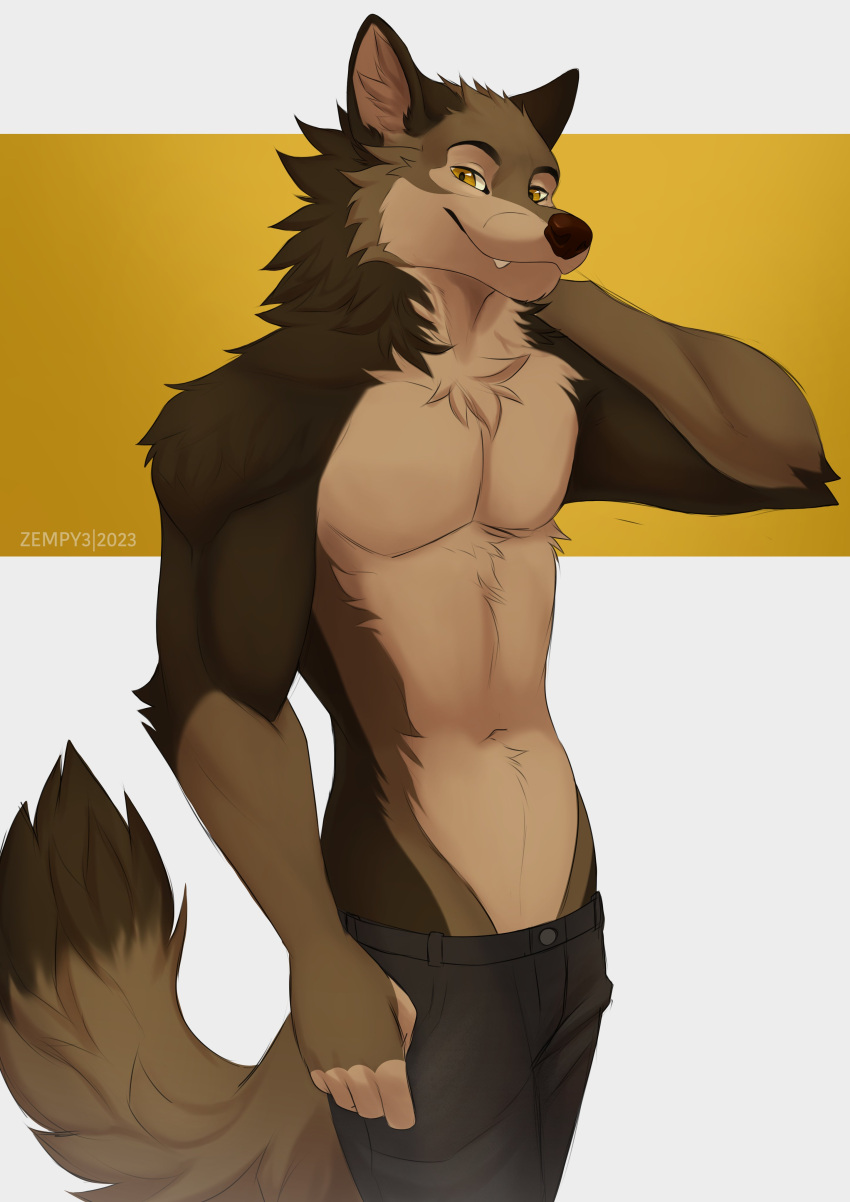 2023 absurd_res anthro athletic athletic_anthro athletic_male bottomwear canid canine clothed clothing fluffy fluffy_tail hi_res male mammal pants solo tail topless topless_anthro topless_male watermark zempy3