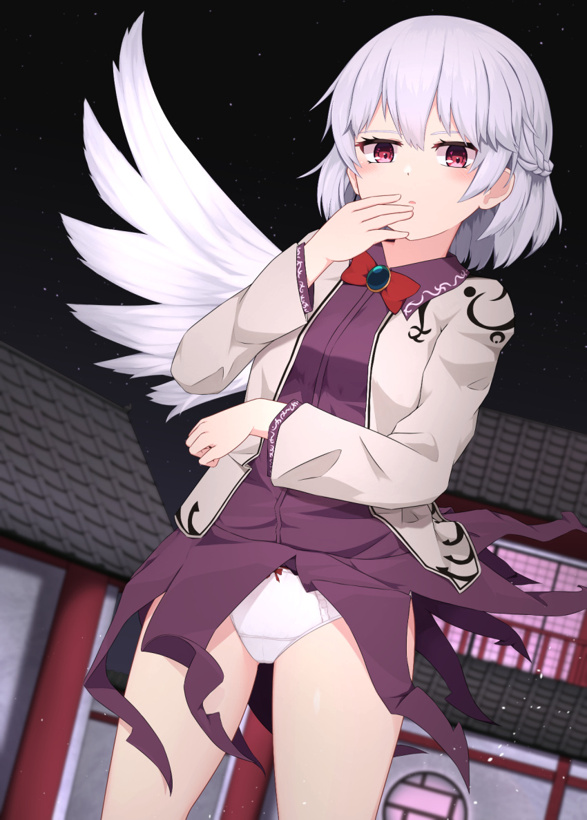 1girl architecture bangs blush bow bowtie braid breasts building dress east_asian_architecture french_braid hair_between_eyes hand_to_own_mouth highres jacket kishin_sagume light_particles long_sleeves looking_at_viewer mashirohiyuki medium_breasts night night_sky open_clothes panties parted_lips purple_dress red_bow red_bowtie short_hair single_wing sky solo standing touhou underwear white_panties wings