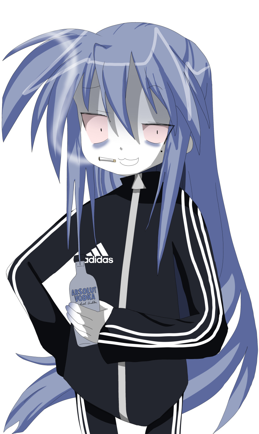 :3 absolut_vodka absurdres adidas bags_under_eyes birthmark blue_hair bottle cigarette colored_skin communism flat_chest gopnik highres holding holding_bottle izumi_konata long_hair lucky_star nastya_kotvinski non-web_source otaku pale_skin raised_eyebrow russia smile smoking sportswear standing white_skin