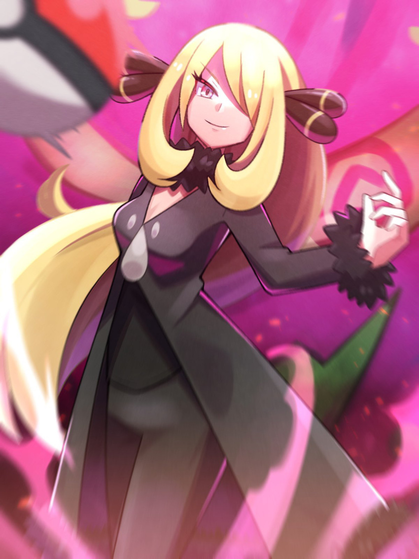 1girl bangs black_coat black_pants black_shirt blonde_hair blurry closed_mouth coat commentary_request cynthia_(pokemon) eyelashes fur-trimmed_coat fur_collar fur_trim hair_ornament hair_over_one_eye highres inana_umi long_hair long_sleeves looking_at_viewer motion_blur pants poke_ball poke_ball_(basic) pokemon pokemon_(creature) pokemon_(game) pokemon_dppt shirt smile spiritomb v-neck