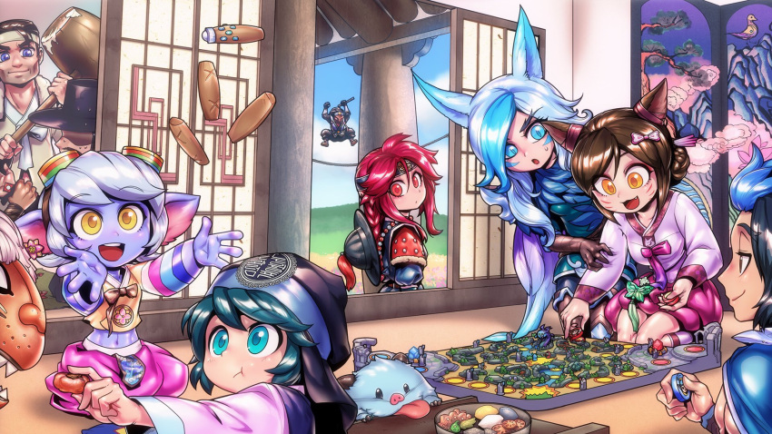 4girls 5boys :d :o ahri_(league_of_legends) alternate_costume animal_print bangs bird black_hair black_headwear blue_eyes blue_hair bow bowtie braid brown_bow brown_bowtie cloud copyright_request cup day dynasty_ahri fang food goggles goggles_on_head green_eyes hammer highres holding holding_food holding_hammer indoors league_of_legends long_hair long_sleeves midriff multiple_boys multiple_girls navel ninja official_alternate_costume phantom_ix_row poro_(league_of_legends) red_hair smile stomach sweat tabletop_game teeth tristana upper_teeth_only whiskers white_hair yellow_eyes yordle