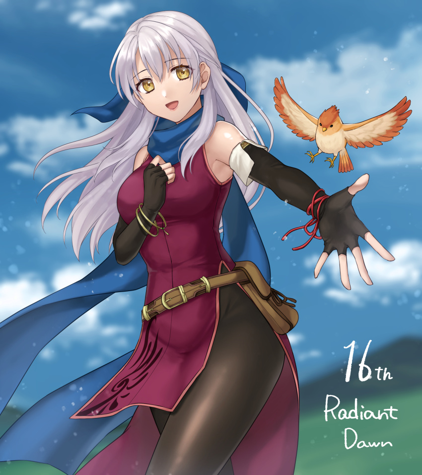 1girl :d absurdres bare_shoulders belt bird black_gloves black_pantyhose blue_ribbon blue_sky breasts brown_belt cloud commentary cowboy_shot day dress elbow_gloves fingerless_gloves fire_emblem fire_emblem:_radiant_dawn gloves hair_ribbon hazuki_(nyorosuke) highres large_breasts long_hair looking_at_viewer micaiah_(fire_emblem) open_mouth pantyhose purple_dress ribbon sky sleeveless sleeveless_dress smile standing thighs very_long_hair white_hair yellow_eyes yune_(fire_emblem)