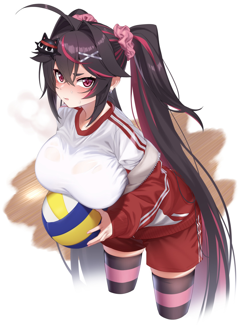 1girl absurdres ahoge ball black_hair blush breasts cropped_legs hair_between_eyes hair_ornament hairclip highres holding holding_ball jacket jersey large_breasts long_hair looking_at_viewer off_shoulder open_clothes open_jacket original red_hair red_shorts shirt shorts simple_background sportswear striped striped_thighhighs thighhighs twintails very_long_hair white_shirt x_hair_ornament yagi_(ningen)