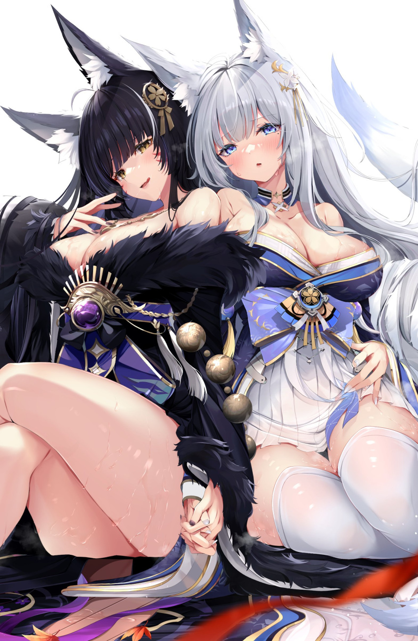 2girls absurdres animal_ear_fluff animal_ears azur_lane beads blue_collar blue_kimono blush breasts brown_eyes collar facial_mark feather_boa fox_ears fox_girl fox_tail fur-trimmed_kimono fur_trim gem highres japanese_clothes jewelry katana kimono kitsune kyuubi large_breasts large_tail long_hair looking_at_viewer low_neckline magatama magatama_necklace multiple_girls multiple_tails musashi_(azur_lane) necklace obi prayer_beads purple_eyes purple_gemstone purple_hair rigging sash shiira_(nya_rl) shinano_(azur_lane) simple_background skirt skirt_under_kimono sword tail thighhighs very_long_hair weapon white_skirt white_tail