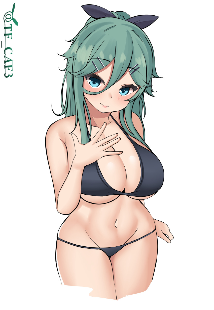 1girl absurdres aqua_eyes bangs bikini blush breasts collarbone dark_green_hair green_hair hair_between_eyes hair_ornament hair_ribbon hairclip hand_on_own_face highres kantai_collection large_breasts long_hair looking_at_viewer navel ribbon sidelocks simple_background solo swimsuit tf_cafe yamakaze_(kancolle)