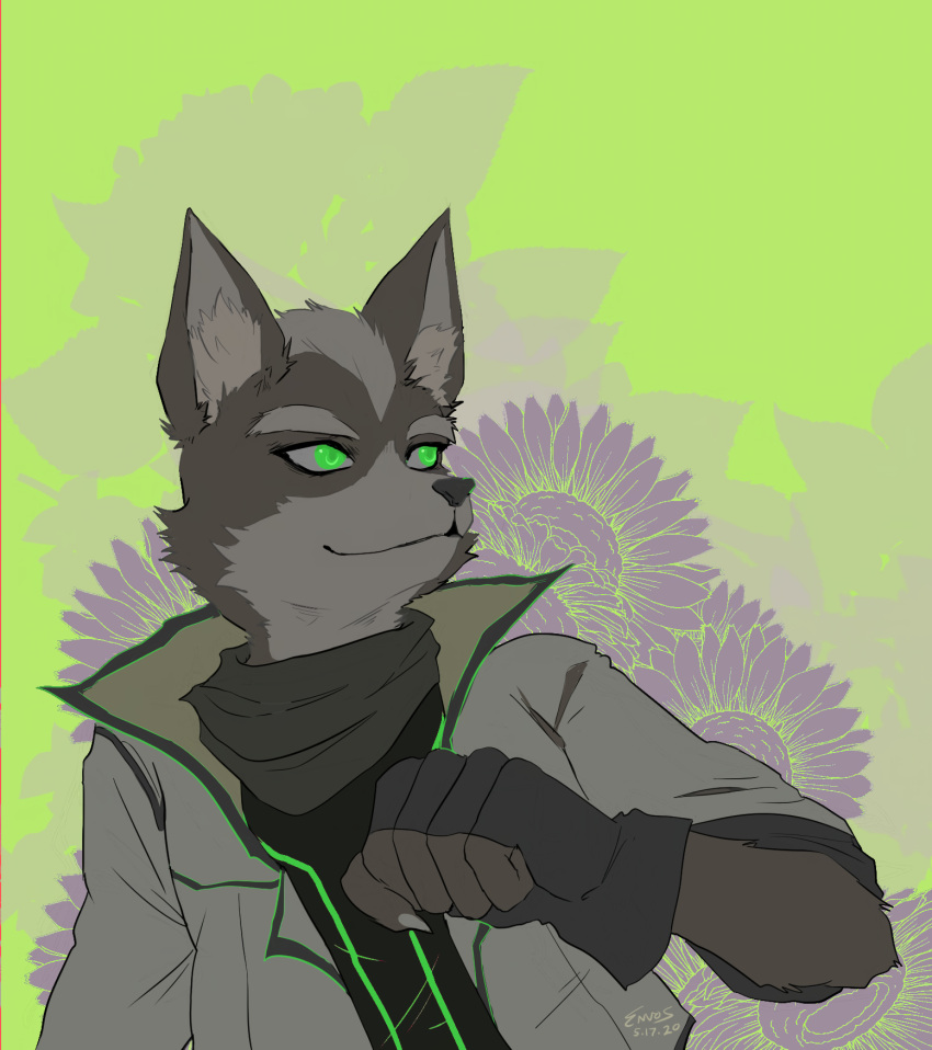 anthro canid canine clothed clothing envossan eyebrows fingerless_gloves flower fox fox_mccloud fur gloves green_background green_eyes handwear hi_res inner_ear_fluff male mammal multicolored_body multicolored_fur nintendo plant scarf signature simple_background solo star_fox sunflower tuft two_tone_body two_tone_fur