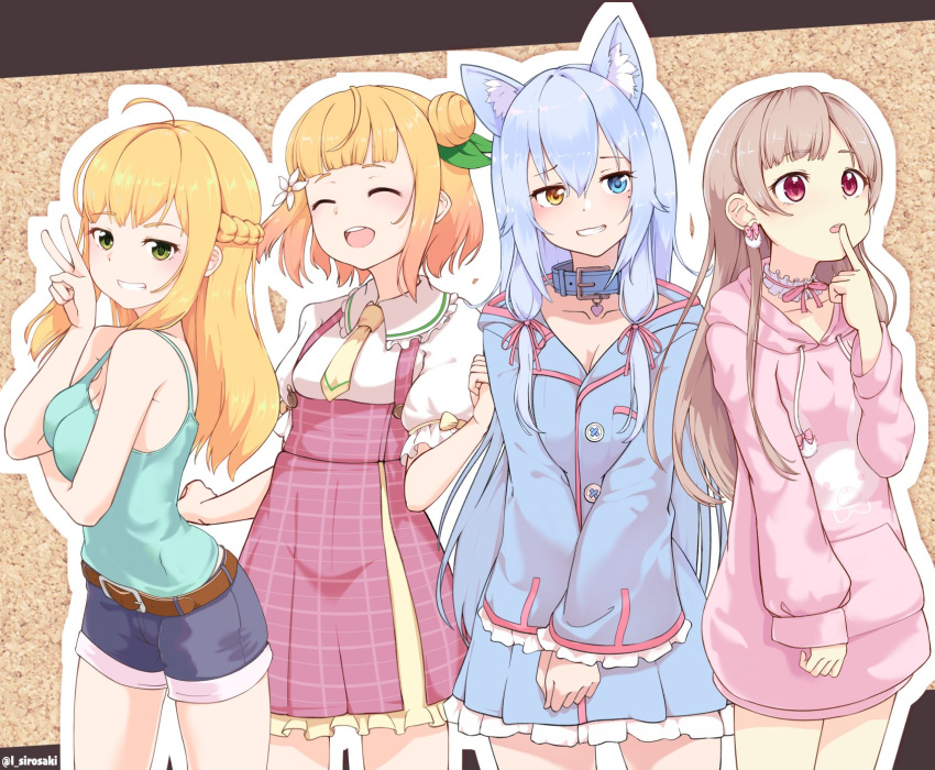 4girls :d ahoge animal_collar animal_ear_fluff animal_ears asagi_shiki bangs bare_arms bare_shoulders belt blonde_hair blue_collar blue_hair blue_jacket bow braid breast_hold breasts brown_belt brown_hair buckle buttons camisole choker closed_eyes collar cowboy_shot crown_braid denim denim_shorts drawstring earrings finger_to_mouth flower frilled_skirt frills green_camisole green_eyes green_ribbon grin hair_between_eyes hair_bun hair_flower hair_ornament hair_ribbon highres hood hoodie indie_virtual_youtuber jacket jewelry light_blue_hair long_hair long_sleeves looking_at_viewer medium_breasts miyadi_(youtuber) mole mole_under_eye multiple_girls necktie open_mouth own_hands_together parted_bangs parted_lips pink_bow pink_eyes pink_hoodie pink_jacket pink_ribbon pink_skirt pom_pom_(clothes) pom_pom_earrings ribbon shintaku_yume shirosaki_rio short_hair short_sleeves shorts sidelocks single_hair_bun skirt small_breasts smile standing suspender_skirt suspenders suzuka_minase teeth thinking upper_teeth_only v virtual_youtuber white_choker wolf_ears yellow_bow yellow_eyes yellow_necktie
