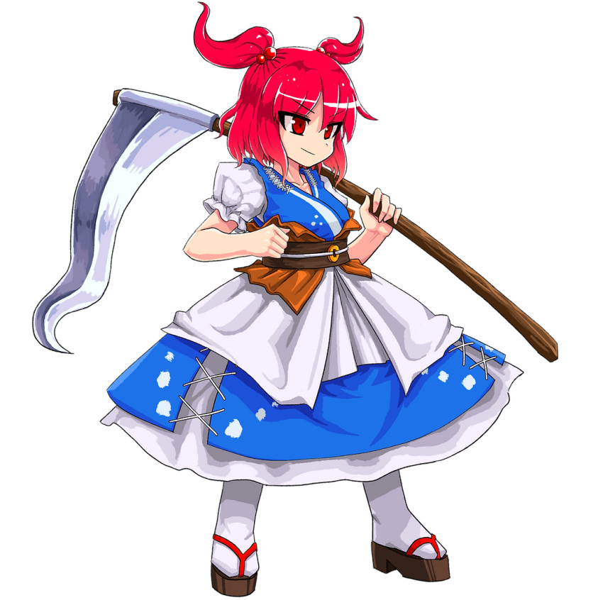 1girl bangs black_footwear blue_dress closed_mouth coin dress full_body hair_bobbles hair_ornament holding holding_scythe neophyte obi onozuka_komachi red_eyes red_hair sash scarlet_weather_rhapsody scythe second-party_source short_sleeves simple_background smile socks solo standing touhou two_side_up v-shaped_eyebrows white_background white_socks