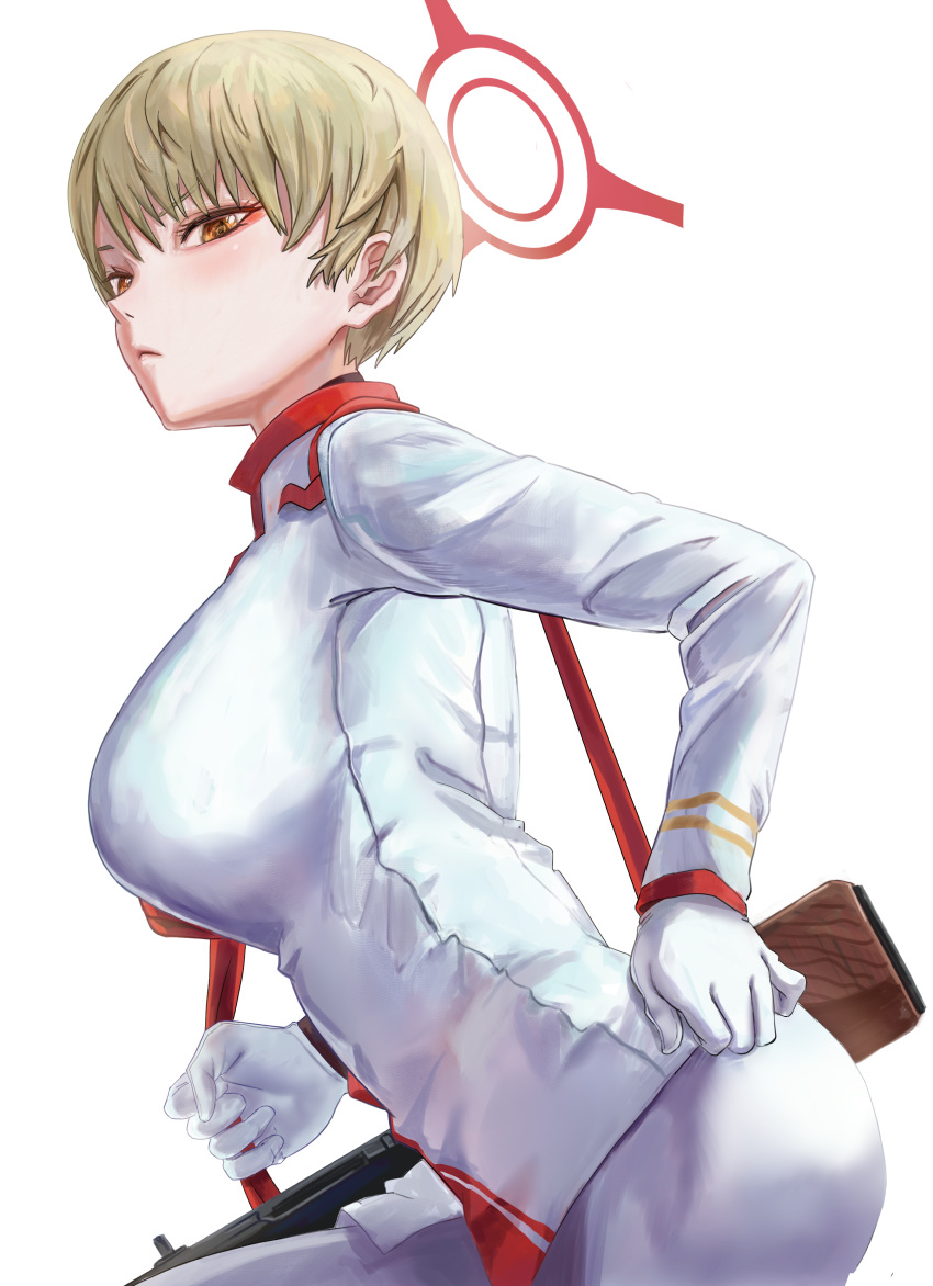 1girl 200-ko_no_chikara absurdres blonde_hair blue_archive breasts closed_mouth cowboy_shot eyeshadow from_side frown gloves gun halo hand_on_hip highres jacket large_breasts long_sleeves looking_at_viewer looking_to_the_side makeup marina_(blue_archive) pants ppsh-41 red_eyeshadow short_hair simple_background solo submachine_gun weapon white_background white_gloves white_jacket white_pants yellow_eyes
