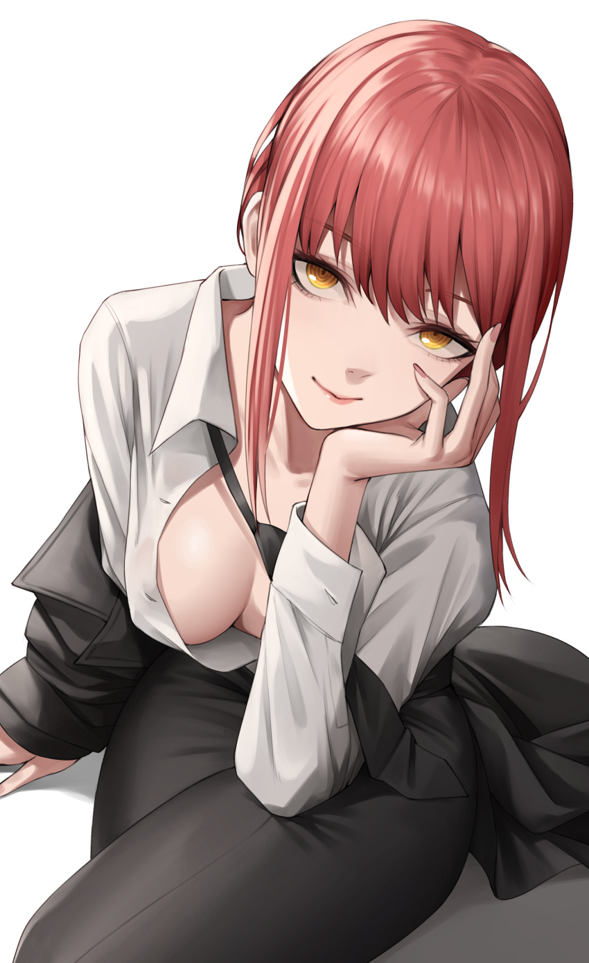 1girl absurdres black_jacket black_necktie black_pants breasts chainsaw_man closed_mouth collared_shirt crossed_legs elbow_rest head_rest highres jacket long_sleeves looking_at_viewer loose_necktie makima_(chainsaw_man) medium_breasts necktie no_bra nyatokanyaru off_shoulder pants partially_unbuttoned red_hair ringed_eyes shirt sidelocks smile solo thighs white_background white_shirt yellow_eyes