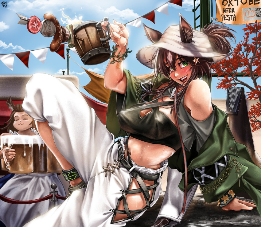 2girls :3 :d absurdres arknights bare_shoulders beer_mug blue_sky blush bracelet breasts brown_hair chtv cleavage closed_eyes crop_top cup day dirndl drunk ears_through_headwear food full-face_blush german_clothes green_eyes green_jacket hat highres hip_vent holding jacket jewelry knee_up large_breasts long_hair long_sleeves looking_at_viewer meteor_(arknights) meteor_(bard's_holiday)_(arknights) midriff mug multiple_girls navel off_shoulder official_alternate_costume oktoberfest open_clothes open_jacket open_mouth outdoors pants pennant ponytail sausage single_bare_shoulder sitting skewer sky smile solo_focus sweat tomato tomato_slice white_headwear white_pants