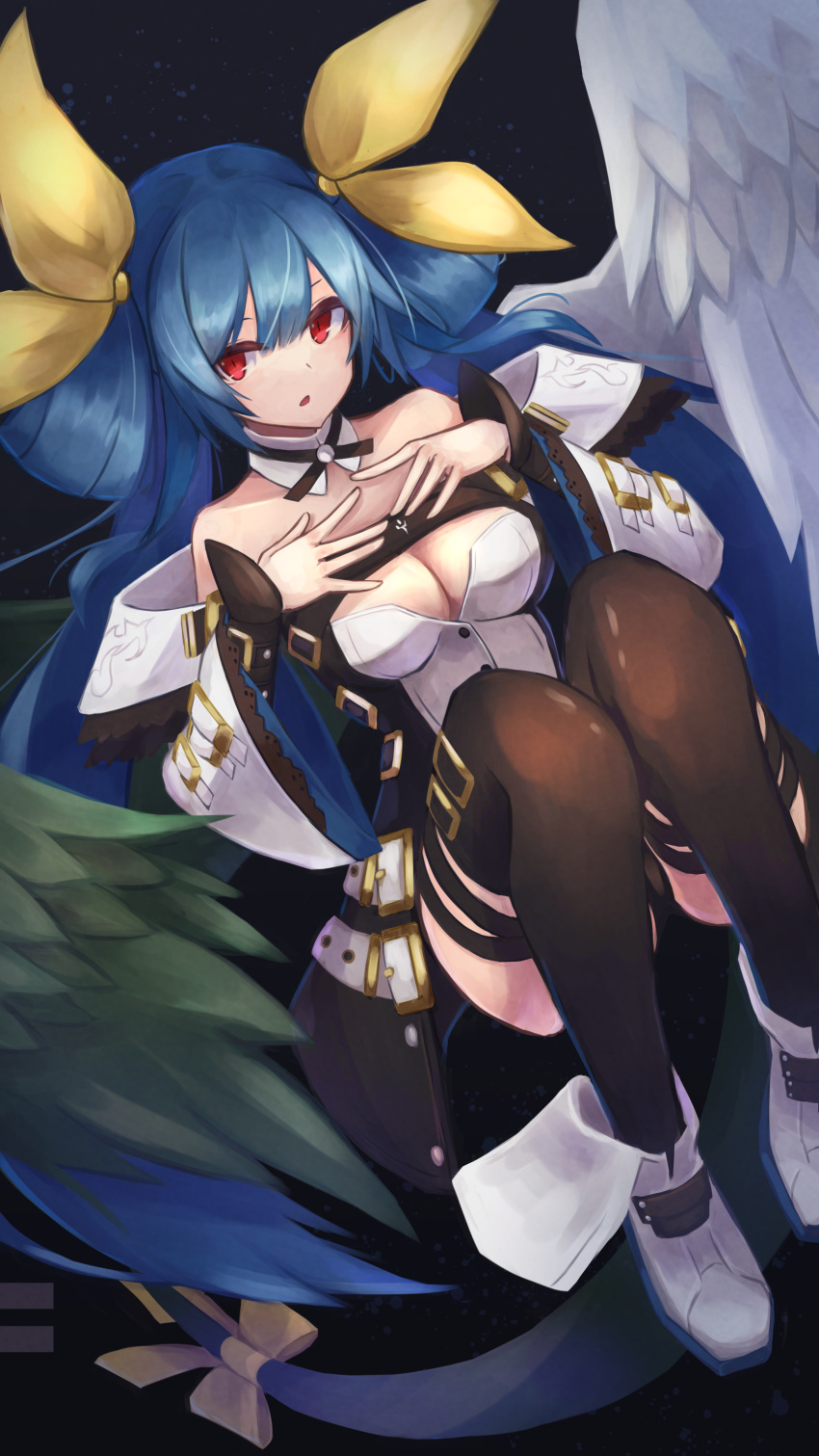 1girl :o absurdres akahuzi asymmetrical_wings bare_shoulders black_background black_wings blue_hair boots bow breasts choker cleavage detached_sleeves dizzy_(guilty_gear) guilty_gear hair_ribbon hand_on_own_chest highres knees_up long_hair looking_to_the_side medium_breasts red_eyes ribbon simple_background sitting solo tail tail_ornament tail_ribbon thigh_strap thighhighs thighs twintails white_wings wide_sleeves wings yellow_ribbon