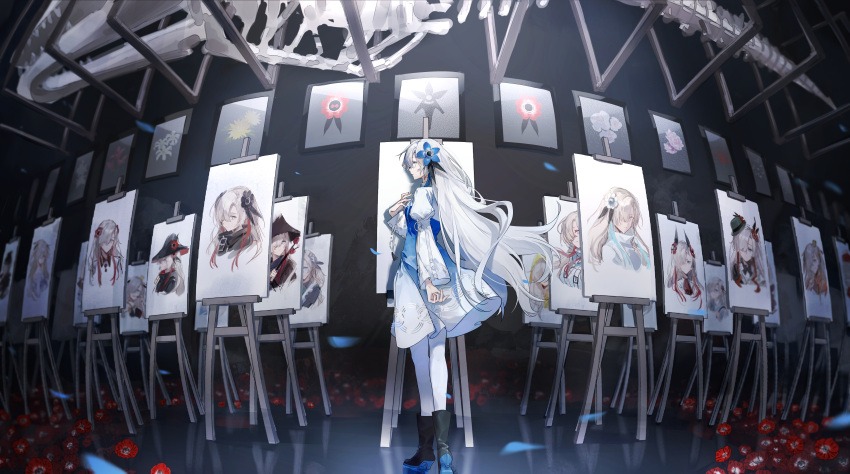 1girl absurdres anemone_(flower) animal_skeleton art_gallery black_coat black_headwear blue_dress blue_hair boots coat dress easel floating_hair flower full_body gradient_dress hair_flower hair_ornament hand_on_own_chest hat highres isekai_joucho kamitsubaki_studio long_hair long_sleeves looking_at_viewer multicolored_hair painting_(object) pantyhose parted_lips profile red_hair sideways_glance skeleton solo tilted_headwear two-tone_dress two-tone_footwear two-tone_hair virtual_youtuber walluka white_coat white_dress white_eyes white_hair white_pantyhose witch_hat