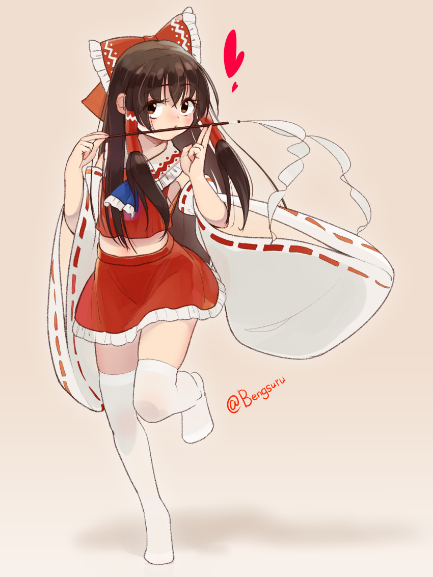 1girl absurdres bangs blush breasts brown_eyes brown_hair detached_sleeves full_body gohei hair_between_eyes hair_tubes hakurei_reimu hands_up highres holding holding_stick housulu long_hair looking_at_viewer medium_breasts midriff no_shoes over-kneehighs petite red_vest ribbon-trimmed_sleeves ribbon_trim simple_background skirt skirt_set solo standing standing_on_one_leg stick thighhighs touhou very_long_hair vest white_thighhighs
