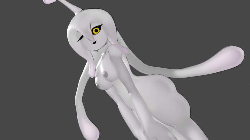 3d_(artwork) adriandustred black_sclera blender_(software) breasts butt cosplay delirium_(tboi) digital_media_(artwork) female goo_creature hi_res humanoid monster_girl_(genre) monster_musume nipples one_eye_closed simple_background slime solo suu_(monster_musume) voidwillow white_body wink