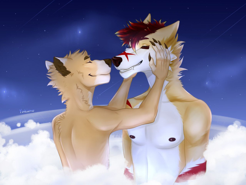 anthro bird_dog canid canine canis claws clothed clothing domestic_dog duo fur hunting_dog ink_(inkdoggo) labrador male male/male mammal multicolored_body multicolored_fur mustelid nuzzling otter red_body red_fur retriever romantic romantic_ambiance romantic_couple smile topless topless_anthro two_tone_body two_tone_fur yukiono zero_(zeroott)