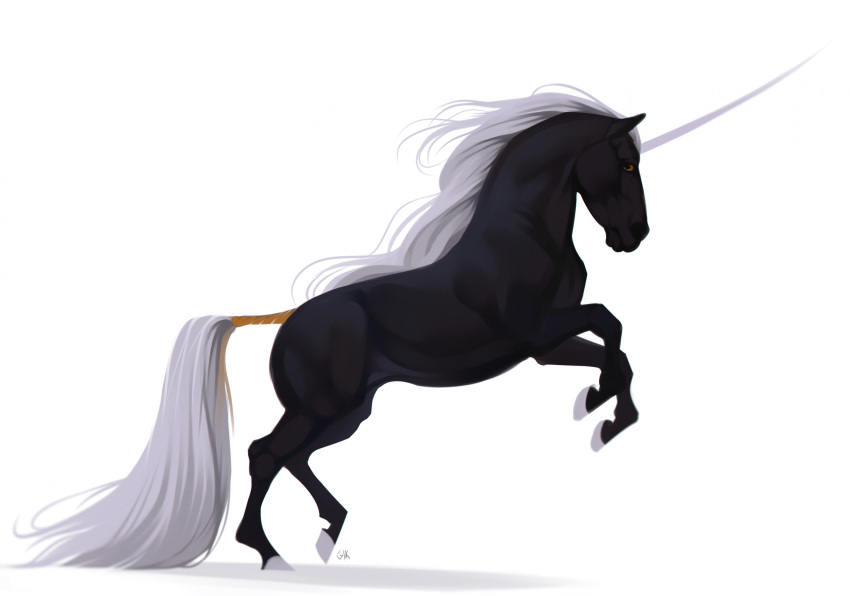 2023 alisian ambiguous_gender black_body digital_media_(artwork) equid equine female_(lore) feral gunterkerr hair hi_res hooves horn long_horn looking_at_viewer mammal mane on_hind_legs orange_eyes raised_leg raised_tail simple_background solo tail tail_wraps unicorn white_hair white_mane white_tail wraps