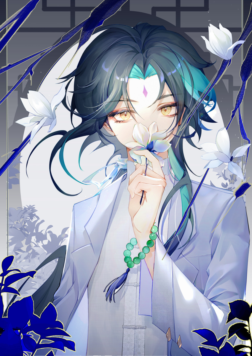 1boy absurdres alternate_costume bangs bead_bracelet beads bracelet chinese_clothes facial_mark flower forehead_mark genshin_impact green_hair highres holding holding_flower jewelry male_focus multicolored_hair tassel white_flower xiao_(genshin_impact) xiaohen236 yaopei yellow_eyes