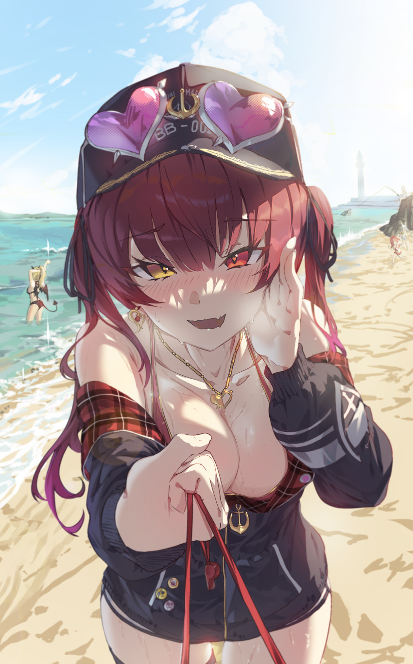 6+girls absurdres animal_ears arrow_through_heart bare_shoulders beach bikini bikini_under_clothes blush breasts cleavage commentary_request demon_girl demon_horns demon_tail demon_wings earrings eyewear_on_head fang fishing fox_ears gawr_gura gold_earrings gold_necklace heart heart-shaped_pupils heart_earrings heart_necklace heterochromia highres hololive hololive_english horns houshou_marine jacket jewelry large_breasts lighthouse looking_at_viewer mont_blanca multiple_girls necklace off_shoulder pov rabbit_ears red_bikini red_eyes red_hair sakura_miko sand shark shirakami_fubuki shirt single_earring skin_fang sunglasses sweat swimsuit symbol-shaped_pupils tail twintails usada_pekora virtual_youtuber water whistle white_shirt wings yellow_eyes yuzuki_choco
