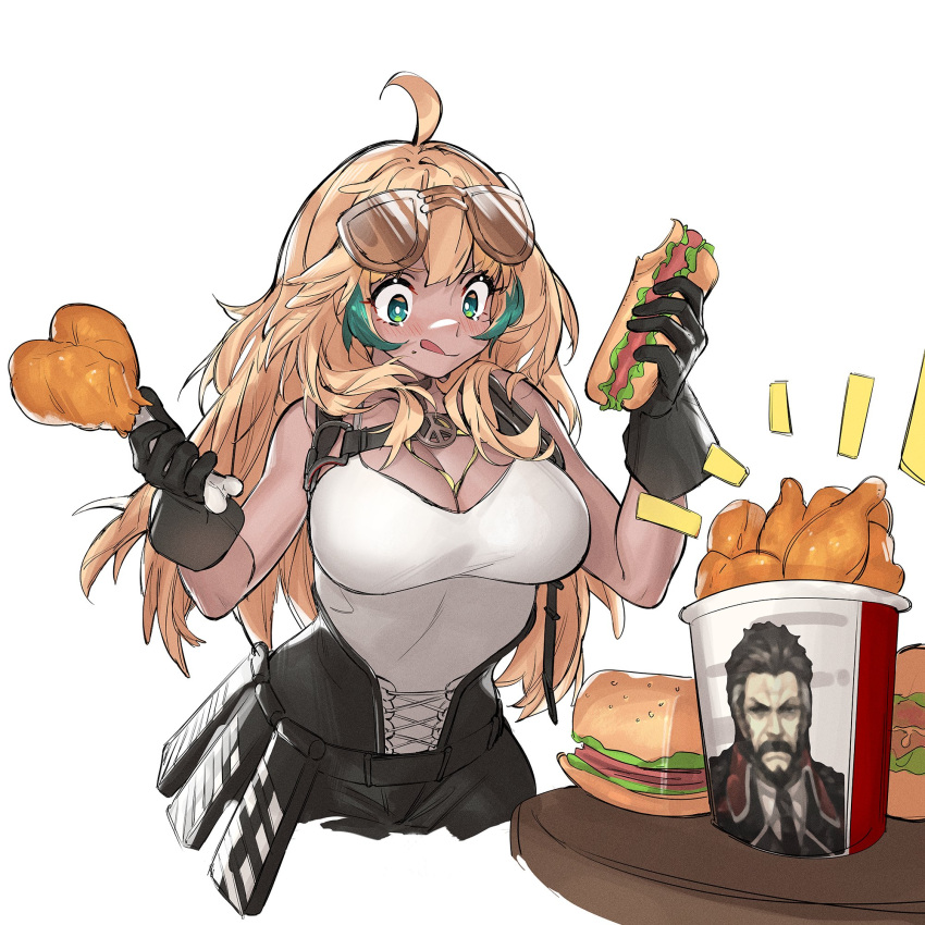 1girl :q ahoge bare_shoulders berezovich_kryuger_(girls'_frontline) bird black_gloves blonde_hair blush breasts bucket_of_chicken burger chicken chicken_(food) commentary_request cowboy_shot dark-skinned_female dark_skin eating eyewear_on_head food girls'_frontline gloves green_eyes green_hair highres holding holding_food hot_dog large_breasts liberator_(girls'_frontline) licking_lips mole mole_under_mouth multicolored_hair nishiro_ryoujin peace_symbol shirt simple_background solo streaked_hair sunglasses table tongue tongue_out white_background white_shirt