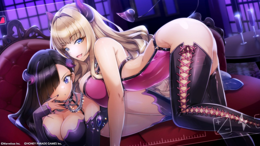 2girls bare_arms black_choker black_hair blonde_hair blue_eyes breast_press breasts choker commentary_request couch cup dolphin_wave drinking_glass elbow_gloves fake_horns fake_tail girl_on_top gloves hair_over_one_eye highres horns kirahoshi_kanna kurose_minami large_breasts long_hair lying multiple_girls nail_polish official_art on_couch on_side ootomo_takuji purple_eyes tail thighhighs wavy_hair window wine_glass