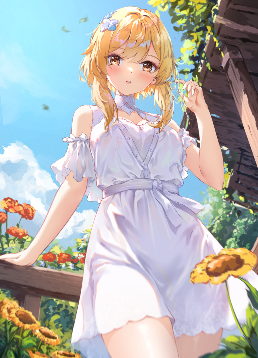 1girl alternate_costume arm_support bare_shoulders blonde_hair blue_sky breasts chahei cleavage_cutout clothing_cutout cloud commentary_request cowboy_shot day detached_sleeves dress falling_leaves flower frilled_sleeves frills from_below genshin_impact hair_flower hair_ornament hand_up highres leaf lily_(flower) looking_at_viewer looking_down lumine_(genshin_impact) medium_breasts outdoors short_hair_with_long_locks short_sleeves sky sleeveless sleeveless_dress solo sunflower white_dress white_flower white_sleeves yellow_eyes yellow_flower