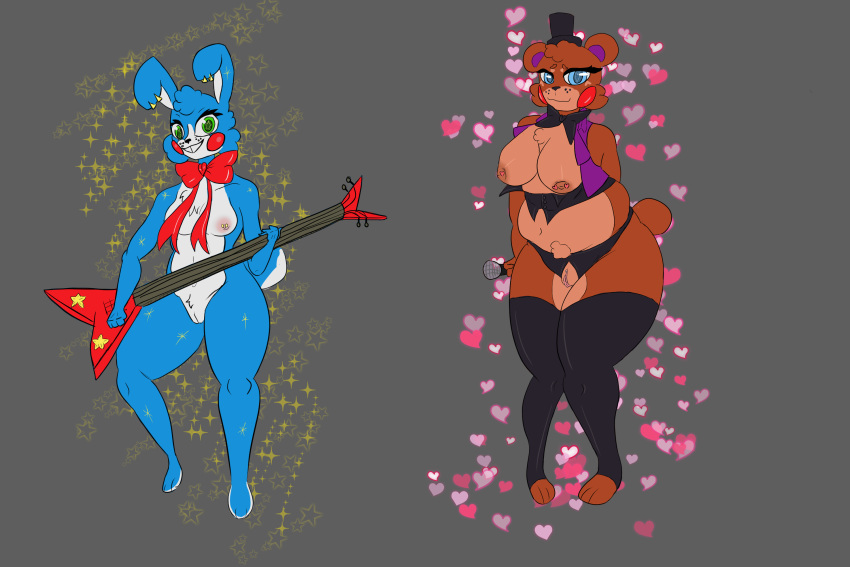 2023 animatronic anthro bear blue_body blue_eyes breasts brown_body clothed clothing crossgender digital_media_(artwork) discodemon duo female female/female five_nights_at_freddy's five_nights_at_freddy's_2 genitals green_eyes hi_res lagomorph leporid machine mammal mtf_crossgender nipple_piercing nipples nude partially_clothed pericings piercing pussy rabbit robot scottgames toy_bonnie_(fnaf) toy_freddy_(fnaf)