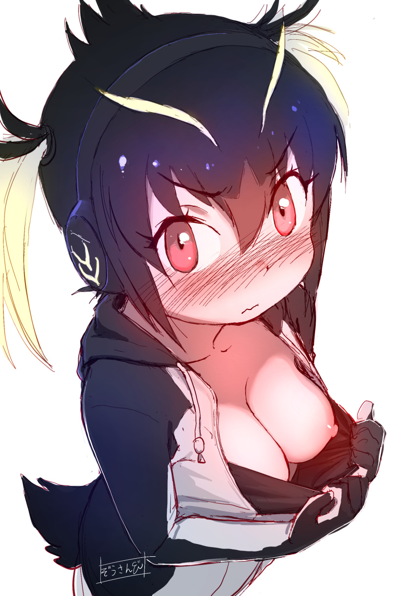 1girl bangs black_hair blonde_hair blush breasts commentary downblouse drawstring hair_between_eyes headphones highres hood hood_down hoodie kemono_friends looking_at_viewer masuyama_ryou medium_breasts multicolored_hair nipples no_bra penguin_tail red_eyes red_hair rockhopper_penguin_(kemono_friends) short_hair simple_background sketch solo tail twintails v-shaped_eyebrows wavy_mouth white_background